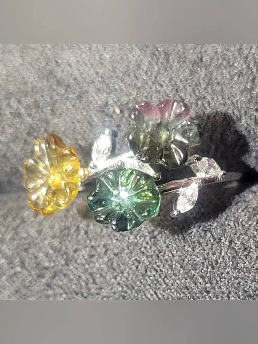 Carved Natural Watermelon Tourmaline Flower Open Sterling Silver Ring
